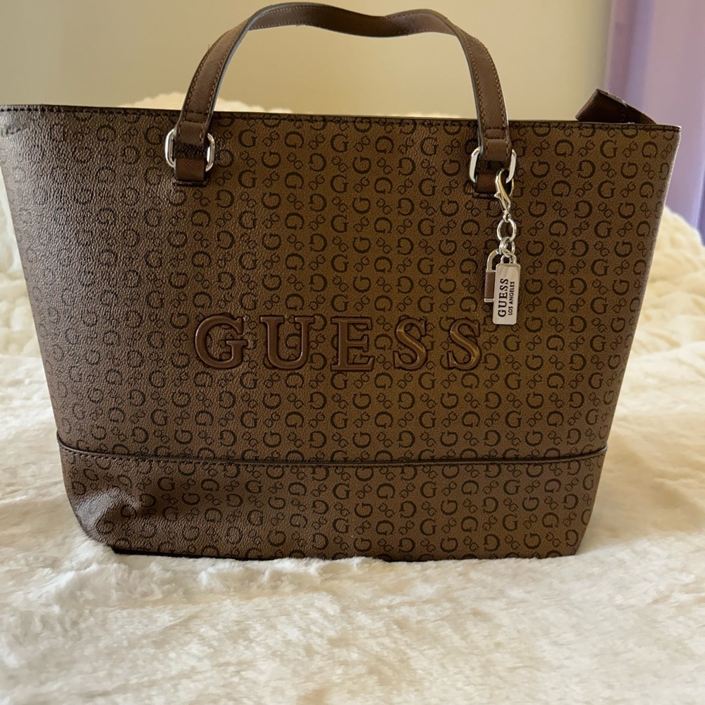 Guess Logo Patterned Brown Handbag